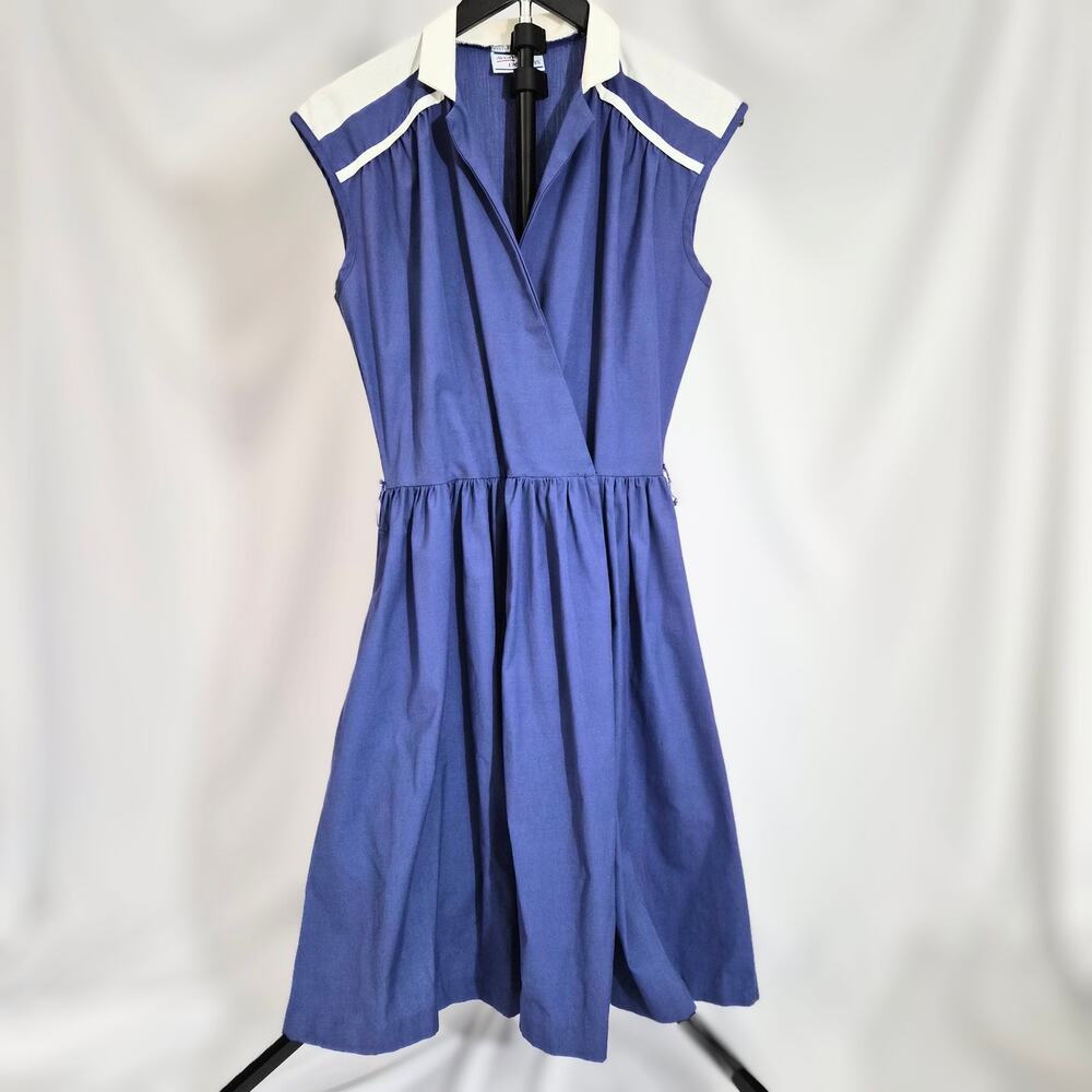 VTG Avon Fashions Blue Wrap Midi Dress Contrast Collar Cottagecore Med